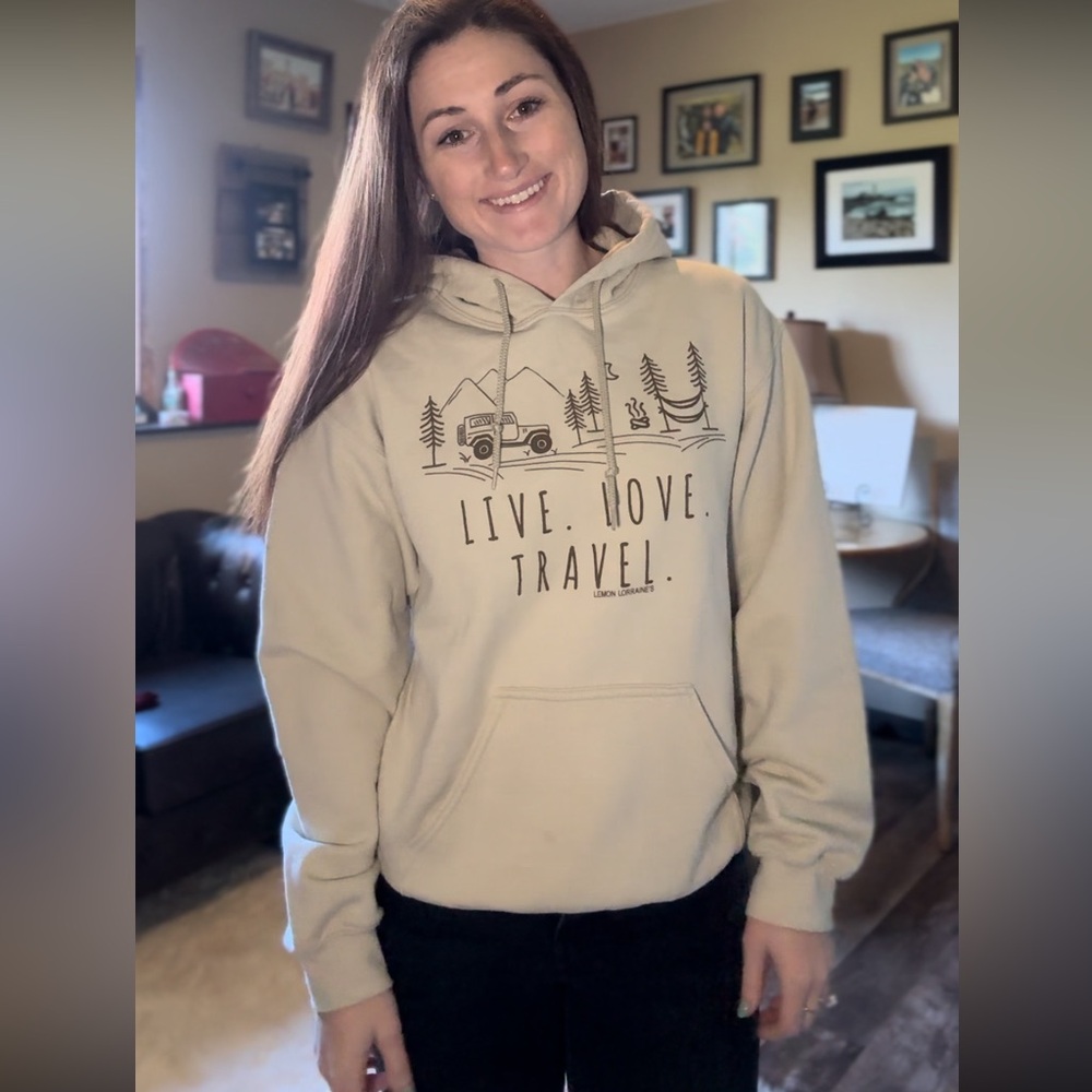 Tan travel hoodie.